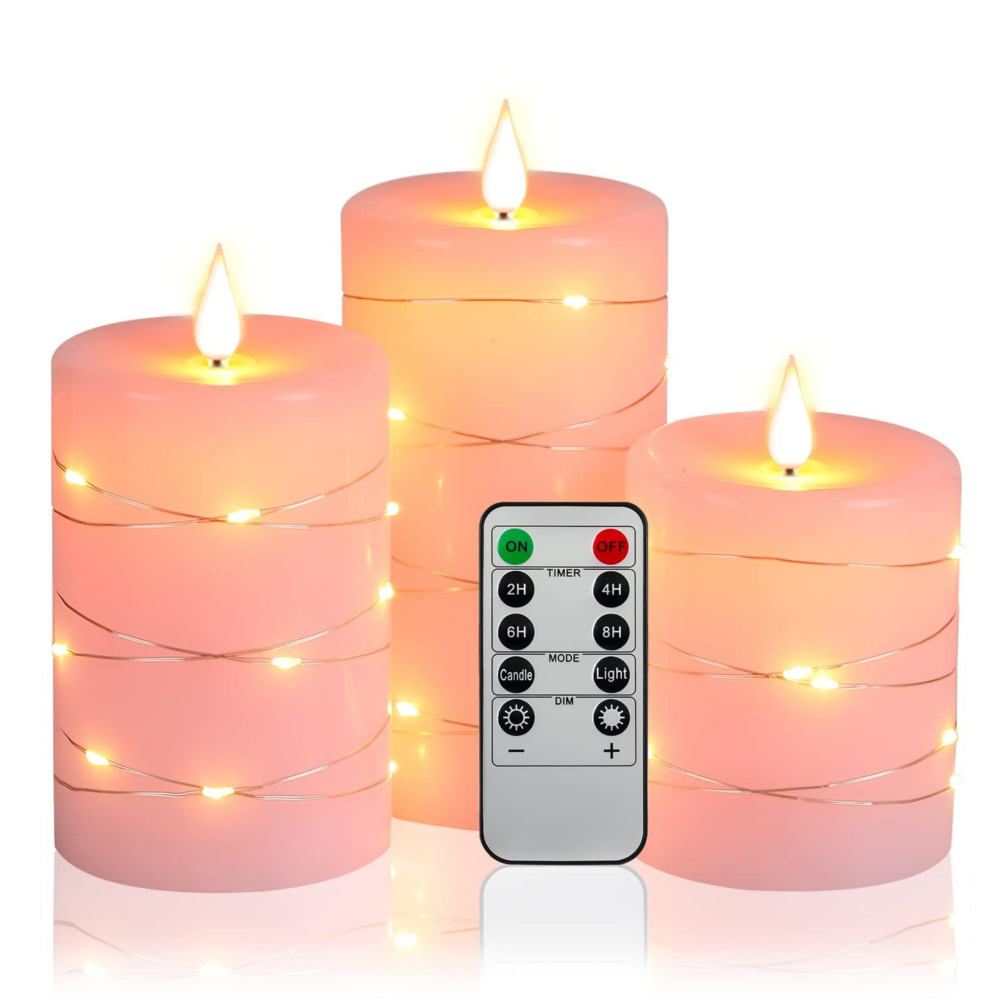 Upinmz Flickering Flameless Candles with Embedded String Lights, Battery Operated Candles with Remote Control and Timer,LED Candles for Home Decoration,Real Wax, 3 Pack Pink