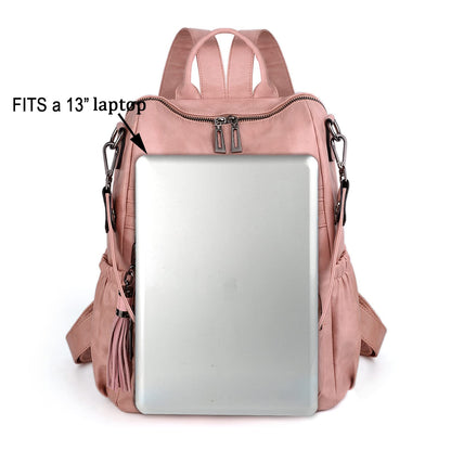 UTO Women Backpack Purse Oil Wax PU Leather Ladies Fashion Designer Rucksack Convertible Travel Shoulder Bag with Tassel Pink