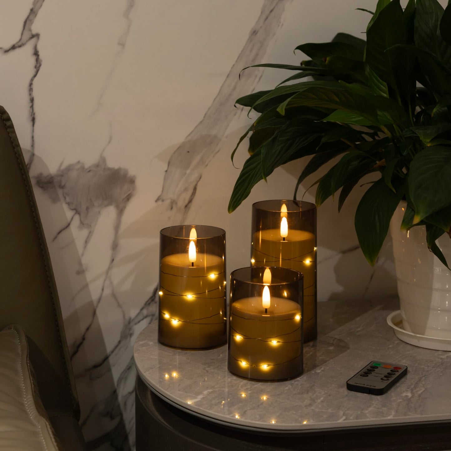 Flickering Flameless Candles with Timer - Durable Acrylic Glass Shell, with Embedded Star String, Battery Operated Candles with Remote for Romantic Ambiance and Home Decoration (Set of 3, Grey)