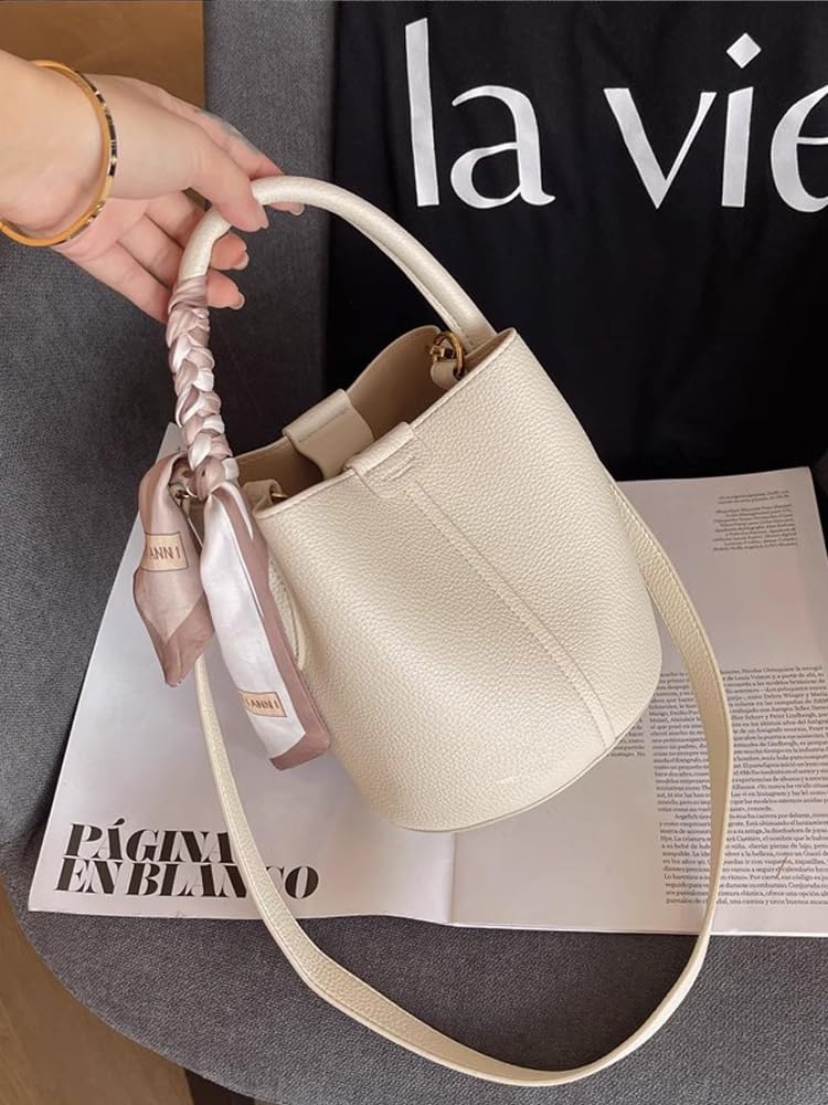 RTPRTP Small Crossbody Bags for Women, Vegan Leather Mini Bucket Handbag with Scarf, Removable Shoulder Strap Purse (white)