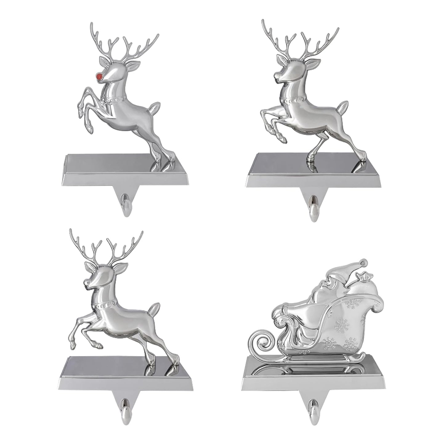 K9King Christmas Stocking Holder Set of 4 - Santa’s Sleigh Rudolph The Red Nose Reindeer Christmas Decorations Decorative Metal Hanger for Stockings Holiday Mantle Decor