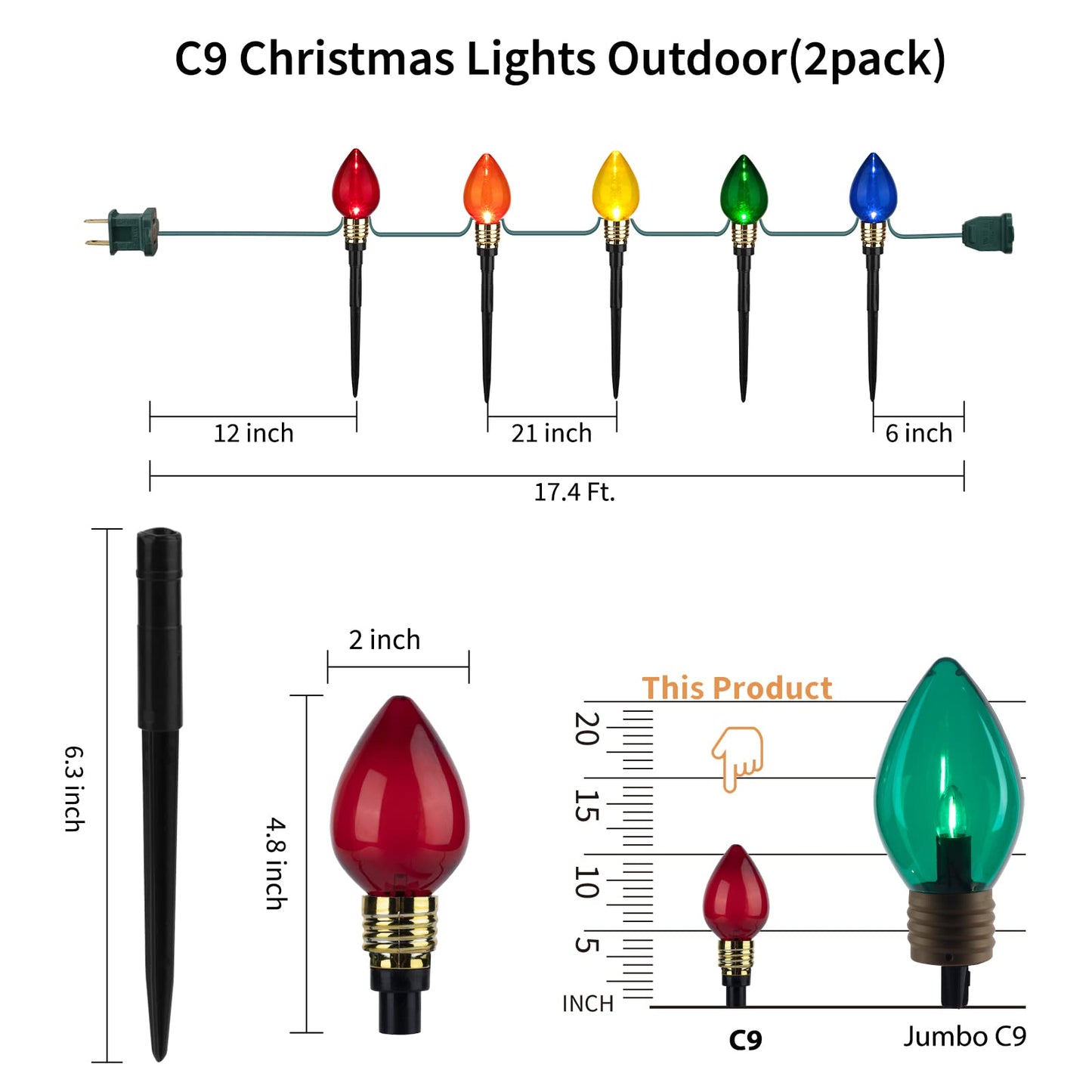 2 Pack C9 Christmas Pathway Lights Outdoor, Total 34.8 Ft 20 LED C9 Pathway Light, Waterproof Connectable Walkway Lights for Yard Ground Sidewalk Driveway Christmas Decorations