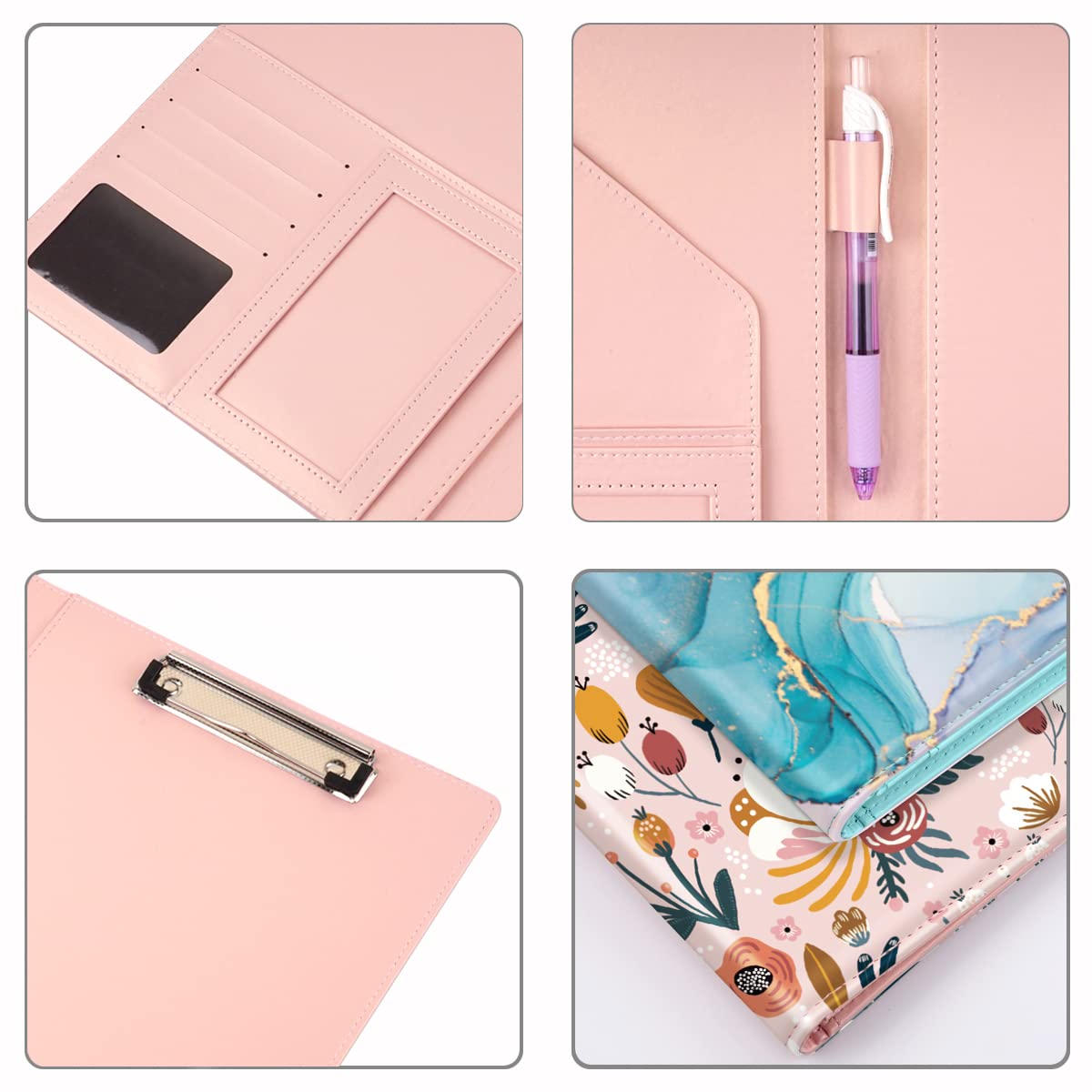 WAVEYU Portfolio Case for Women, Cute Floral Padfolio Cover for Girls, Conference/Resume/Legal Document Organizer with Letter/A4 Size Clipboard Hardboard, Business Card Holders, Pink Flower