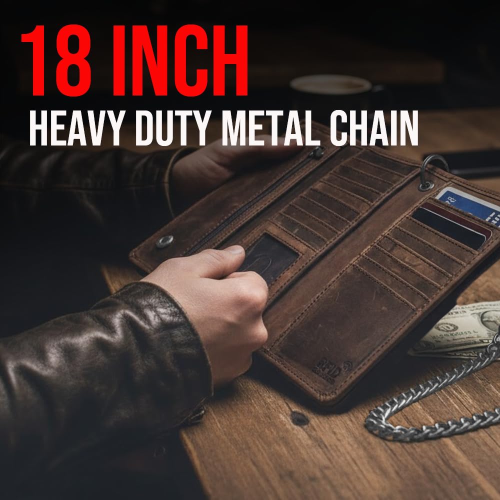 Motorcycle Chain Wallet for Men – Premium Cowhide Leather, RFID Tri-Fold Biker Wallet with Heavy Duty Chain for Bikers Truckers & Hunters, Credit Card Money Organizer Long Wallet Crazy Horse Brown