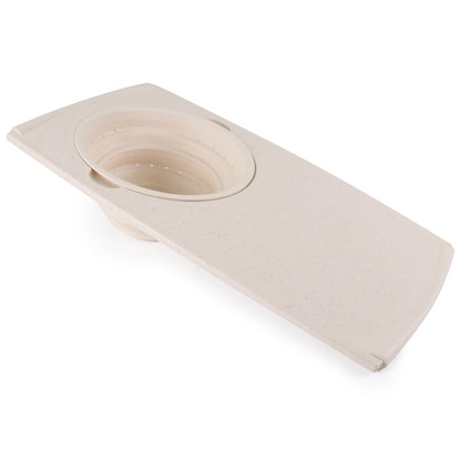 Dexas Over the Sink Poly Cutting Board with Collapsible Colander Strainer, 11.5 x 20", Natural/Gray
