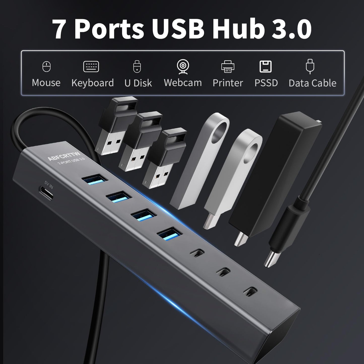 4Ft 7-Port USB Hub 3.0 for Desktop, 4 USB-A & 3 USB-C Ports Aluminium 5Gbps USB Extender Hub, USB Splitter, USB Hub Long Cable for Desktop, PC, Flash Drive, Mobile HDD SSD, Windows/XPS