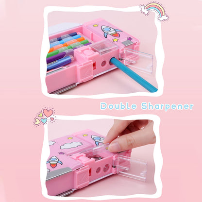 LilyBeauty Pop Up Multifunction Pencil Case for Girls and Boys, Cute Cartoon Pen Box Organizer Stationery with Sharpener, Schedule, School Supplies, Best Birthday Gifts for Kids【Pink-Bear】