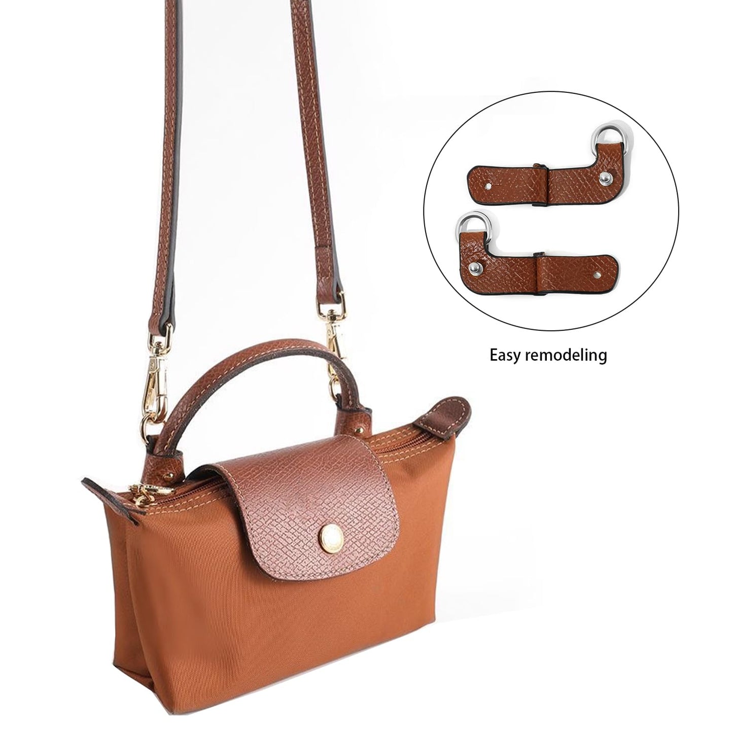 RYYXZXL Leather Purse Straps Replacement Shoulder Strap Leather Adjustable Crossbody Strap Suitable for Long champ Handbags（Brown+silver Hardware）