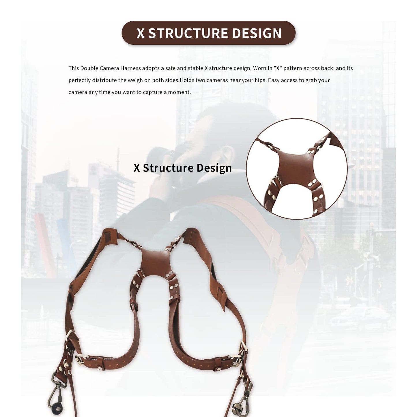 Gugxiom Double Camera Strap,Camera Shoulder Strap for Two Cameras,Adjustable Leather Double Camera Harness Brown