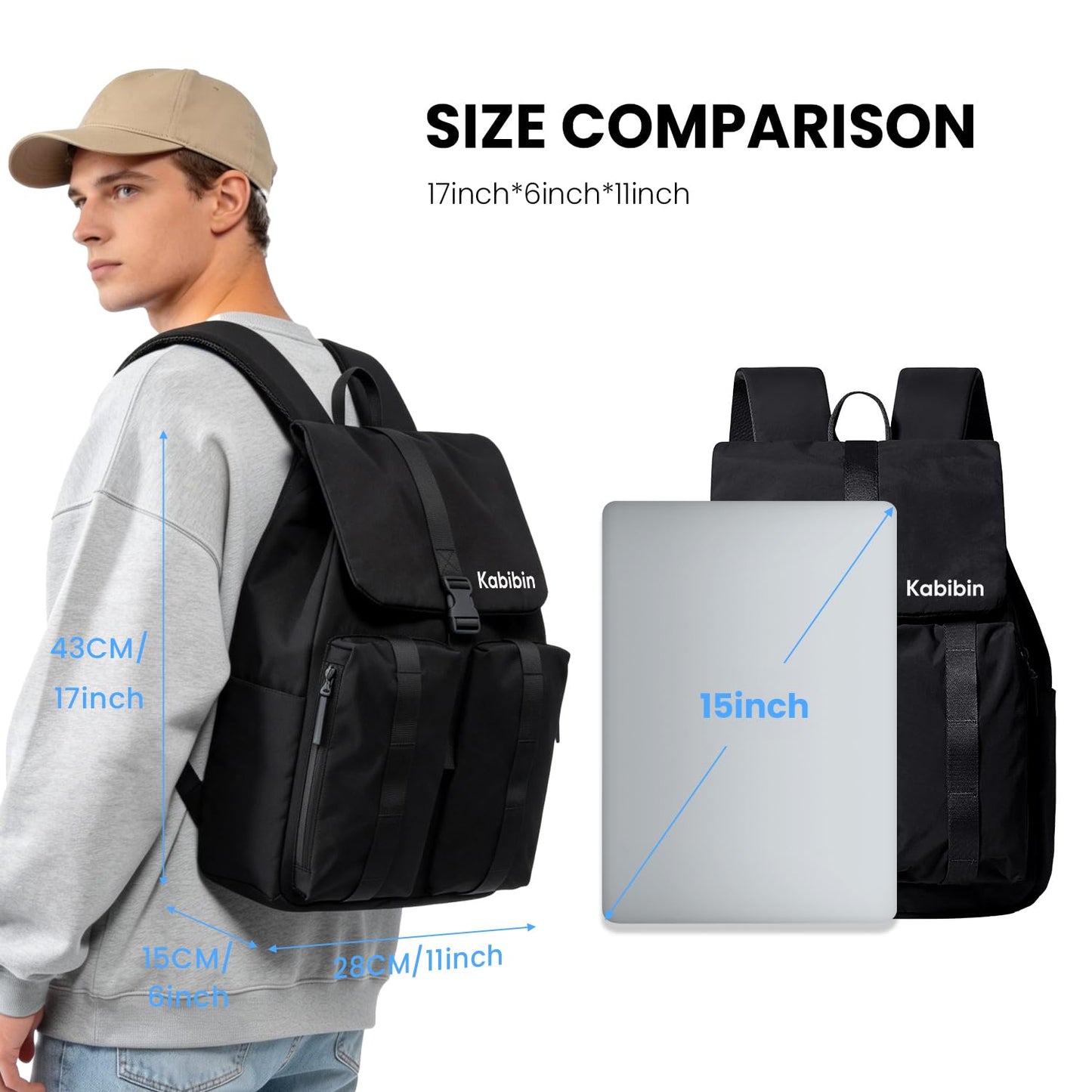 Kabibin Lightweight Casual Backpack, Water Resistant Nylon 15.6 Inch Laptop Backpack, Bookbag for Teens Adults, Outdoor Casual Daypack with Multiple Storage Pockets & External Hang Belt
