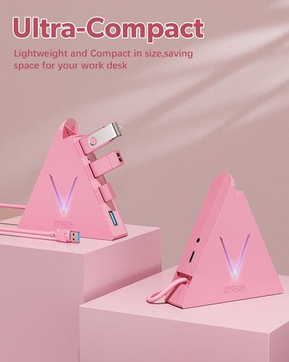 4-Port USB 3.0 Hub, FlyingVHUB Vertical Data USB Hub with 2 ft Extended Cable, for Mac, PC, Xbox One, PS4, PS5, iMac, Surface Pro, XPS, Laptop, Desktop, Flash Drive, Mobile HDD(Pink)