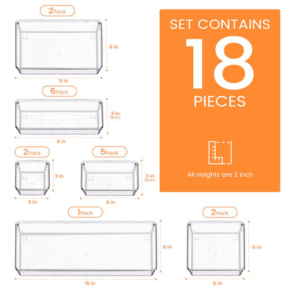 Criusia Drawer Organizer, 10 Pack Large Clear Plast Set, 3 Size Versatile Bathroom and Vanity Organizer Trays, Storage Bins for Makeup, Bedroom, Kitchen Utensils