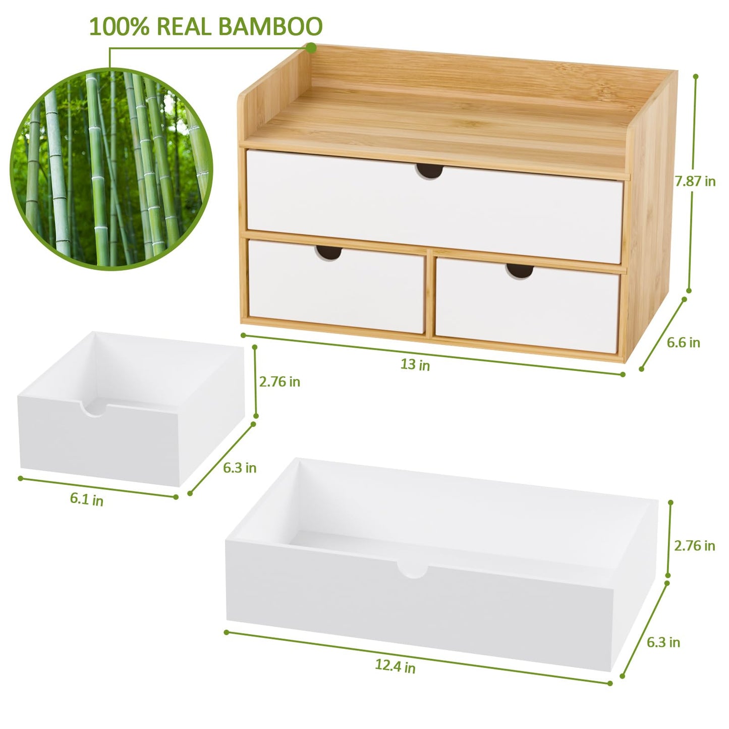 Desk Organizer with Drawers - Bamboo Desktop Organizer Storage | Natural-White Wood Desk Drawers Organizer for Bills, Office Supplies, Cosmetics, Seals No Assembly Required