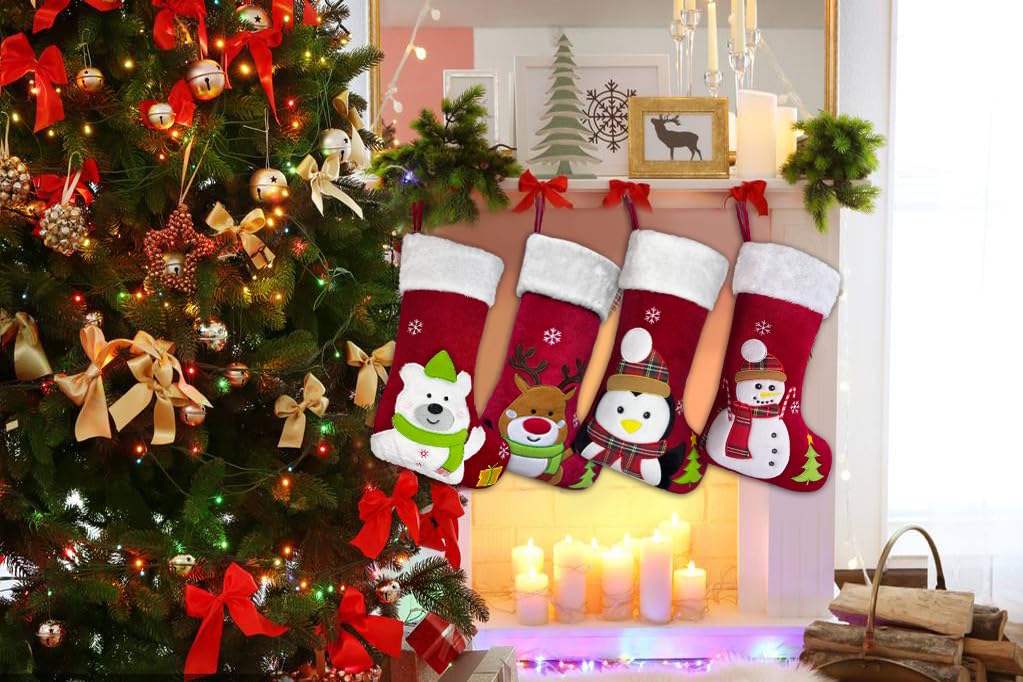 Animal Christmas Stockings with Lined, 20 inch Velvet 3D Deer, Penguin, Reindeer, Bear Snowman Xmas Stockings for Kids Girls Boys Christmas Decorations (Red Penguin)