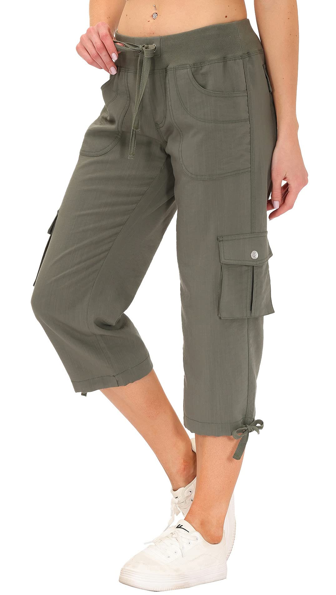 MoFiz Women's Cargo Capris Hiking Pants Lightweight Quick Dry Running Outdoor Casual Shorts Button Pockets UPF 50+ Army Green XL