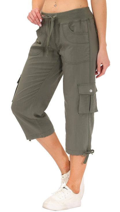 MoFiz Women's Cargo Capris Hiking Pants Lightweight Quick Dry Running Outdoor Casual Shorts Button Pockets UPF 50+ Army Green M