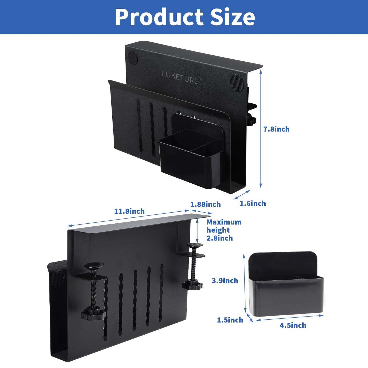 LUKETURE Laptop Holder, Steel Desk Side Storage, No Drill Standing Desk Accessories, Laptop Mount with Pen Holder, Back to School Supplies, Fits Flat Edge Tables 0.3" to 2.8" (Black, M(1 Tier))
