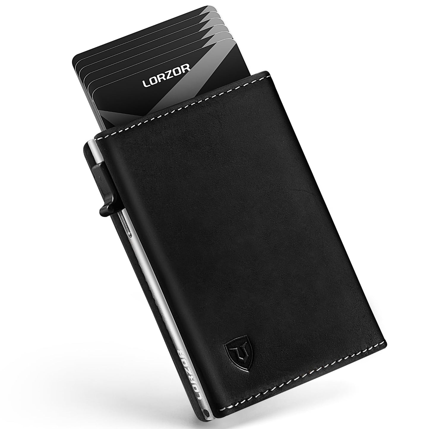LORZOR Wallet for Men with Metal Card Holder, Pop Up Wallet, Finest Full Grain Leather Trifold Wallet, Smart, Minimalist, RFID Blocking, Front Pocket, ID Window, Black/Silver