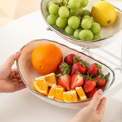 jessie 2 Tier Ceramic Fruit Bowl for Kitchen Counter with Metal Rack, Fruit Basket with Stand, Porcelain Bowls for Vegetable Bread Candy Snack Nuts Dessert Cake Tray (Gold 2 layer)