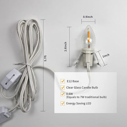 4 Pack Accessory Cord with LED Night Light Bulbs - White Cord with On/Off Switch Plugs - C7 led Bulb Warm White with Spare Fuse, for Holiday Decoration and Craft Village House Decoration