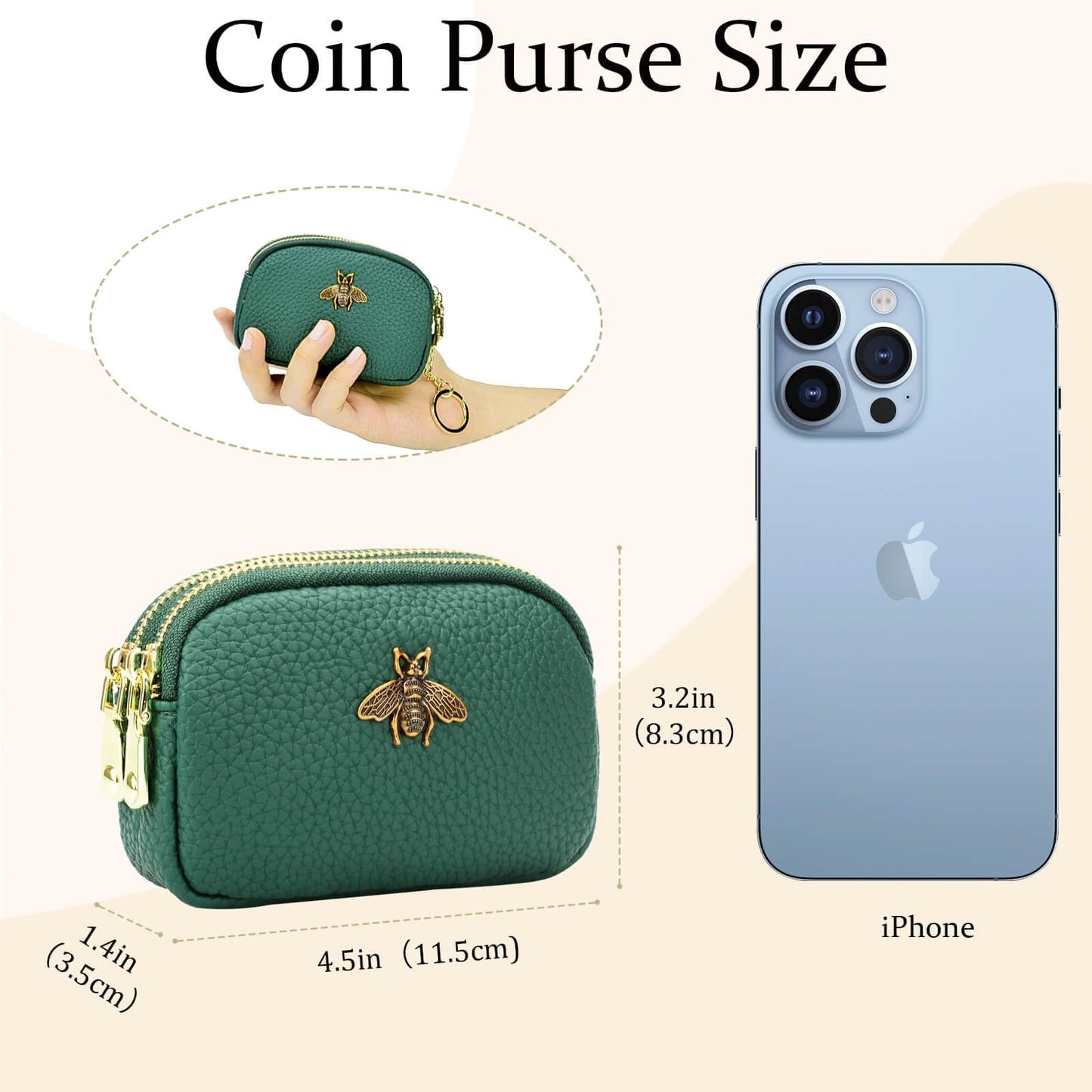 WOZEAH Leather Coin Purse for Women Small 2 Zipper Change Wallet with Key Ring Card Key Coin Cash Holder Pouch(Green)