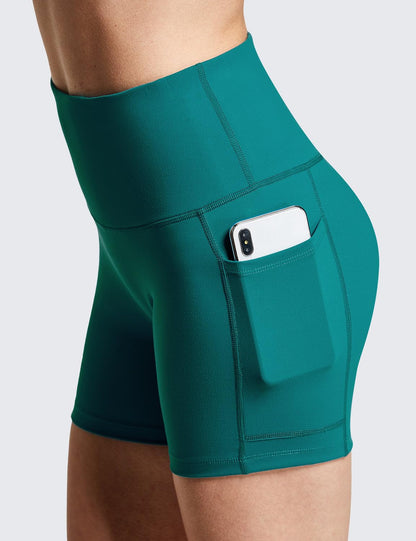 baleaf Biker Shorts Women Yoga Gym Workout Spandex Running Volleyball Tummy Control Compression with Pockets Soft 5" Teal L