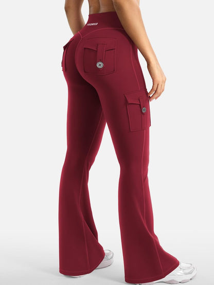 YEOREO CoreFlex Women Workout Flare Leggings with Pockets Hidden Scrunch Cargo Gym Yoga No Front Seam Leggings Wine XS
