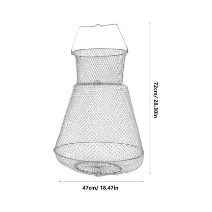 Extra Large Wire Fish Basket, 28X18 inches Fishing Net Cage Collapsible, Crabs Basket Trap Holder for Live Caught Fish, for Seawater, River, and Boat Fishing, Stainless Steel Galvanized, Silver