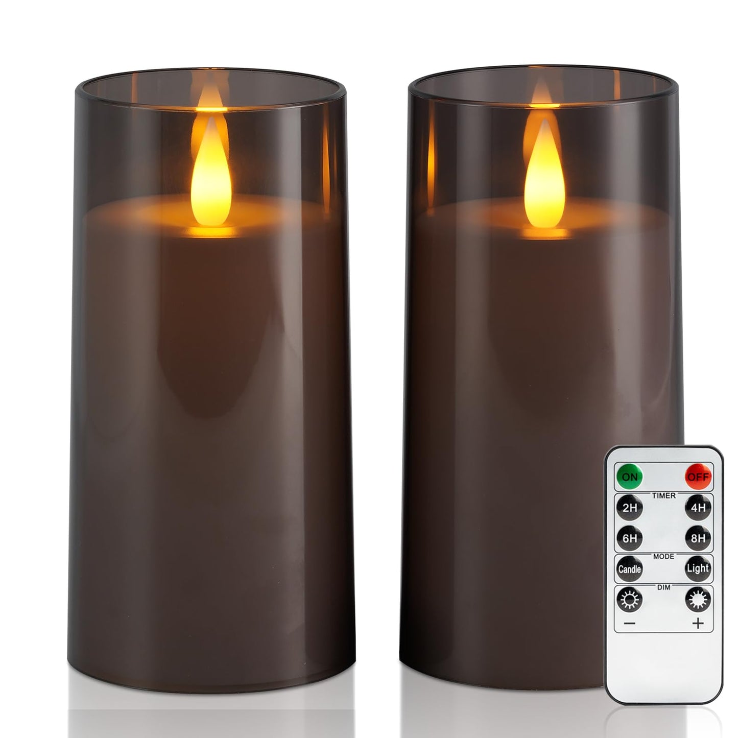 Raycare Christmas Flameless Electronic Pillar Candles with Remote Control and Timer- Battery Operated Realistic Flickering LED Fake Candle for Home, Wedding Decor,Grey,Set of 2(3"x6"6")