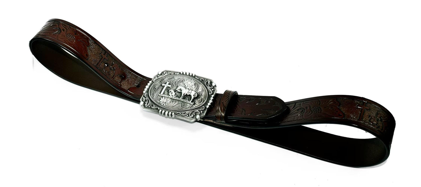 Moranse Western Cowboy Horse & Bull Style Buckle And Genuine Cow Leather Belts