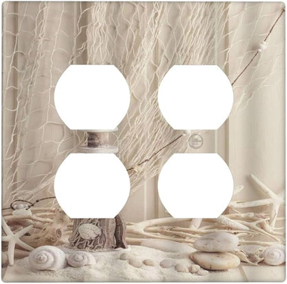 Decorative Light Switch Cover Plate Nautical Coastal Seashell Fishing Net Ocean Lighthouse Starfish 2 Gang Socket Covers Double Duplex Wallplates Switch Plates and Outlet Covers for Bathroom Home