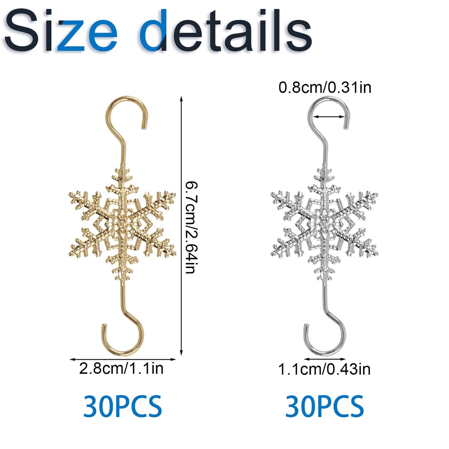 INCREWAY 60 Pcs Christmas Ornament Hooks Sliver Gold Snowflake Decorative Ornament Hangers for Xmas Christmas Tree for Small Ornaments