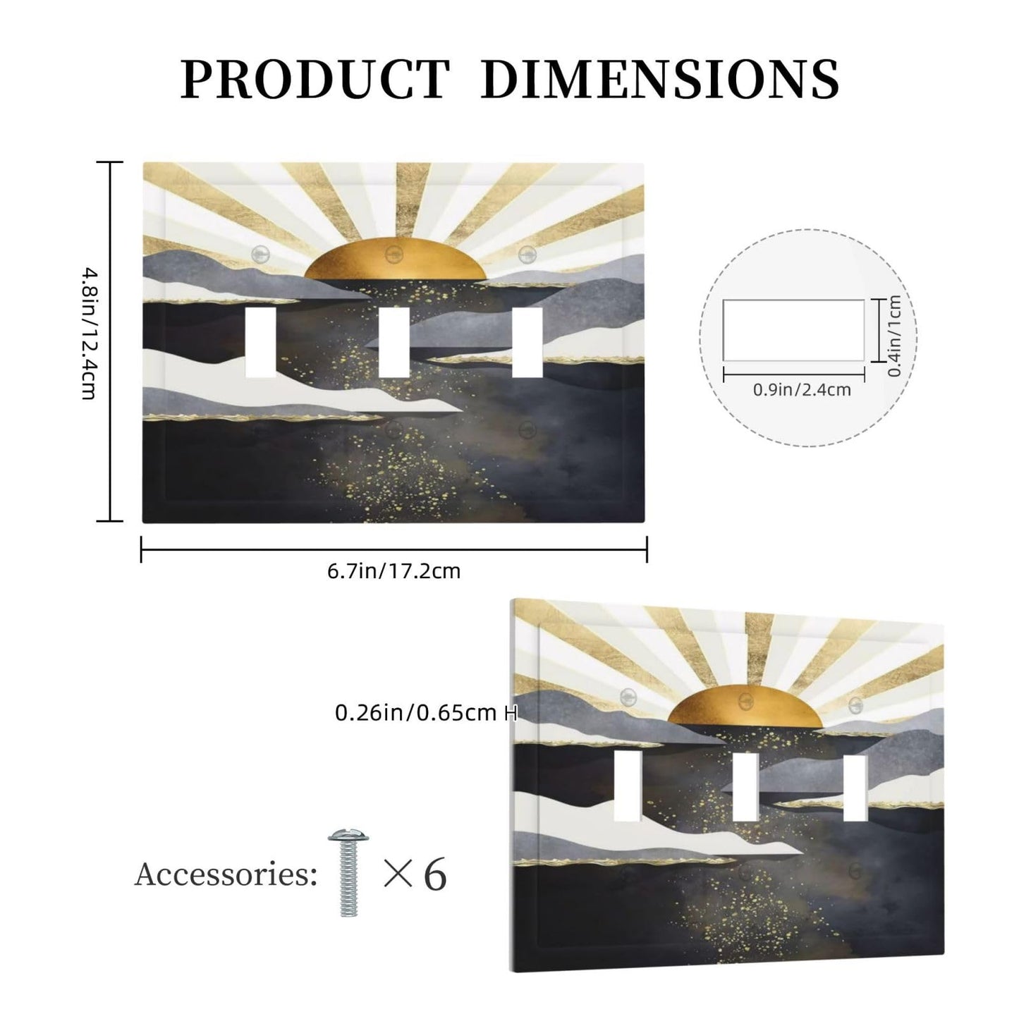 Mid Century Abstract Boho Gold Sun Sunrise 3 Gang Light Switch Cover Decorative Triple Toggle Wall Plate Electrical Faceplate Switchplate for Bathroom Bedroom Home Decor