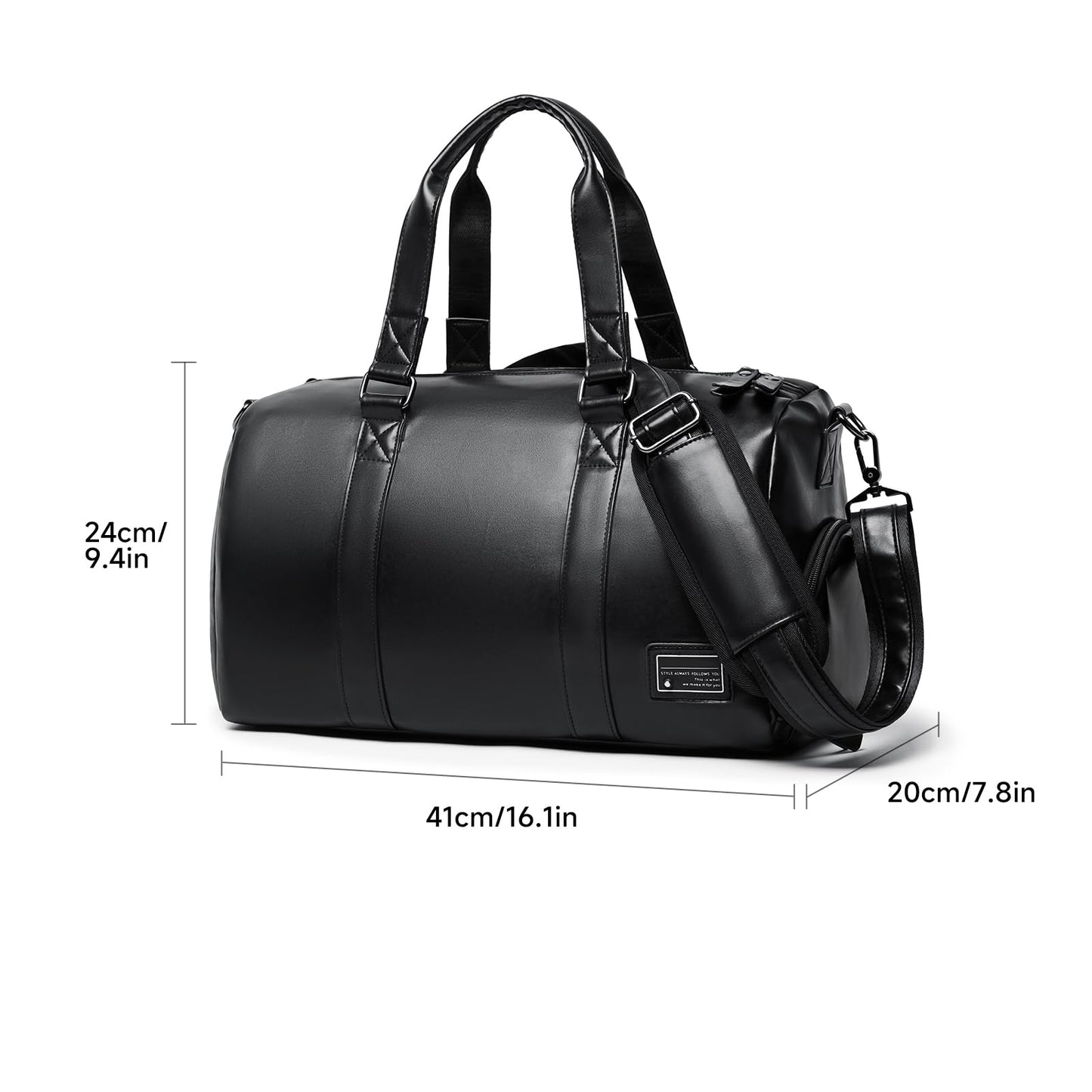 MATE ELAN Leather Gym Fitness Bag for Men Women with Shoe Compartment 20L PU Leather Weekender Travel Duffel Bag Waterproof Overnight Gym Sports Carry-On Bag Black