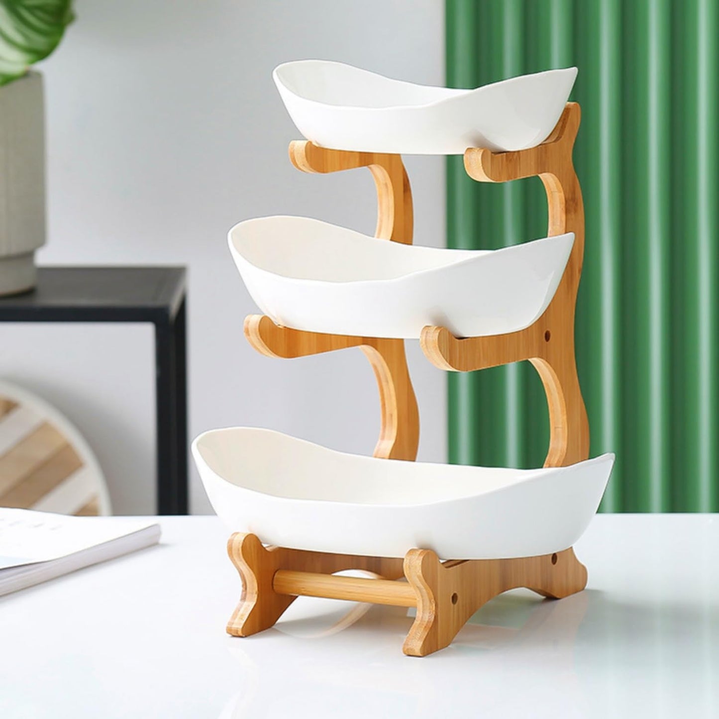 YWHWXB Multi-Layer Fruit Bowl with Natural Bamboo Rack,Plastic Wooden Frame Candy Plate,Large Capacity Snack Bowl Set,Bamboo Food Serving Tray for Kitchen Counter (White, Triple Layer)