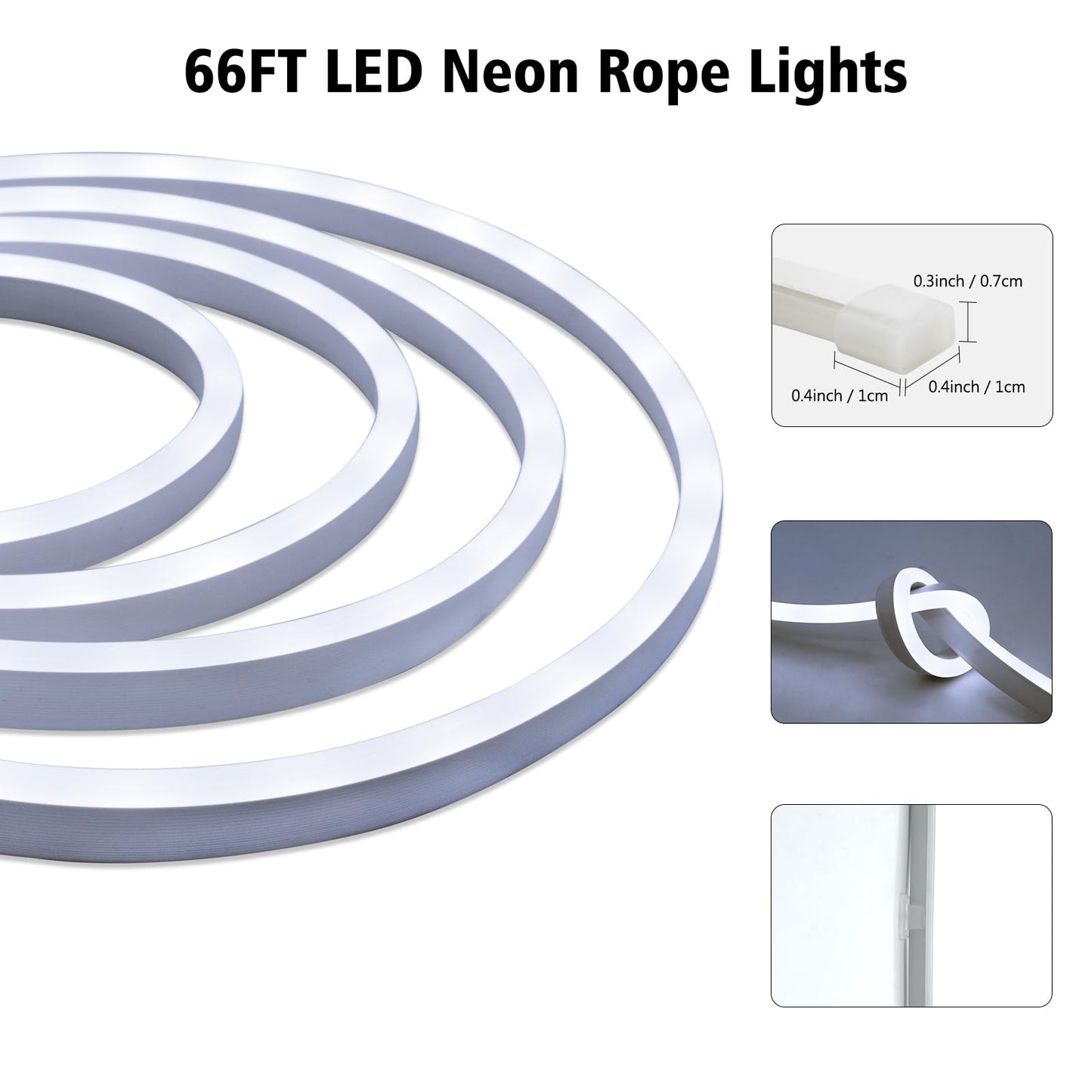 DBFAIRY 66Ft LED Neon Rope Lights, 24V Dimmable 2400LEDs Strip Neon Light 6000K Flexible Silicone Rope Lights Super Bright IP67 Waterproof with Timer Function for Indoor Outdoor Decor(Cool White)