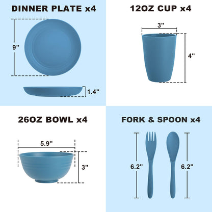 Wheat Straw Dinnerware Set 40-Piece Service for 8 Unbreakable Dishes Set Plates and Bowls Sets Drinking Glasses Microwave Safe Dish Set Lightweight Dinnerware Set for Home & Kitchen - Yellow