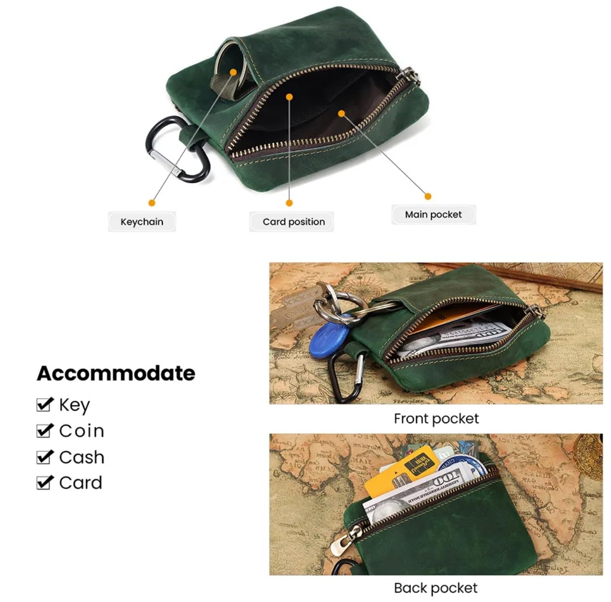 Men Genuine Top Grain Cow Leather Coin Purse with Key Ring & Clip. Retro Slim Minimalist Wallet Card Case (Coffee)