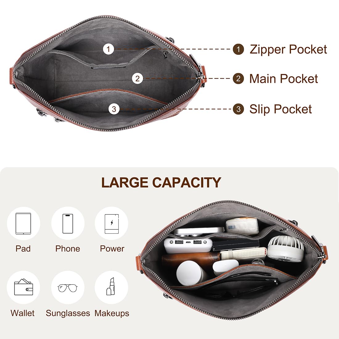 COOLCY Genuine Leather Crossbody Bags for Women Purses and Handbags for Ladies with Multiple Pockets Shoulder Satchel Bag