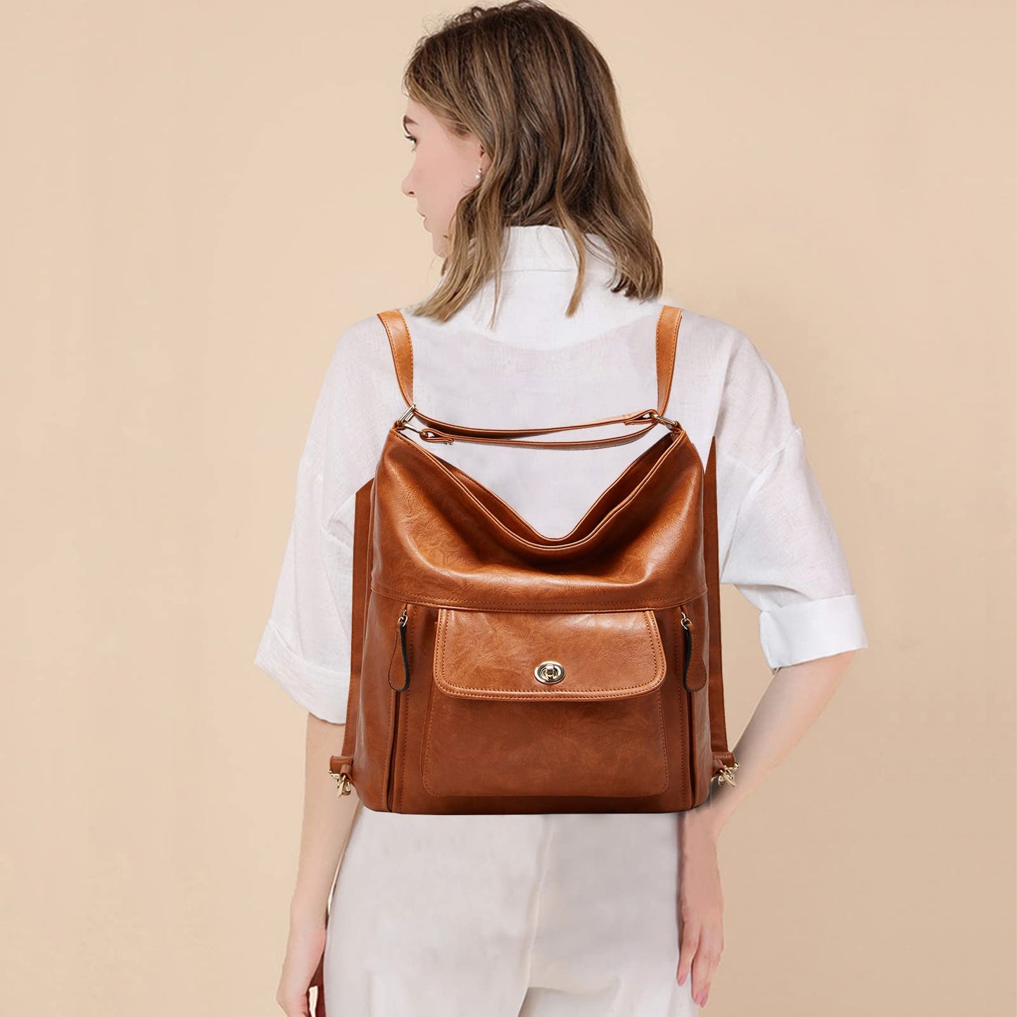 myfriday Vintage Leather Fashion Backpack Purse for Women Large Capacity Convertible Backpack Travel Daily Daypack (Brown)