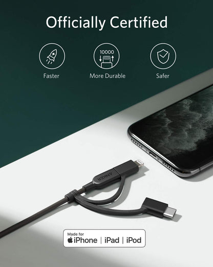 Anker Powerline II 3-in-1 Cable, Lightning/Type C/Micro USB Cable for iPhone, iPad, Huawei, HTC, LG, Samsung Galaxy, Sony Xperia, Android Smartphones, iPad Pro 2018 and More(3ft, Black)
