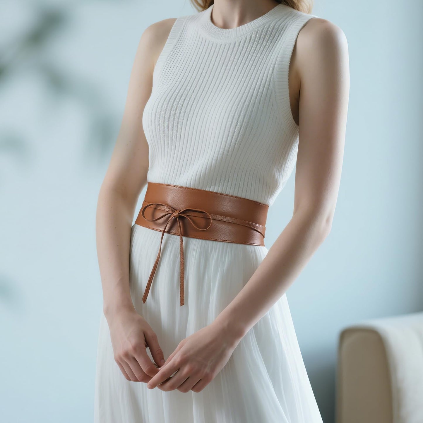 JASGOOD Women PU Leather Wide Waistband Obi Belt- Ladies Wrap Around Retro Brown Dress Belt(Brown,Fit Waist Size 26-31 Inch)