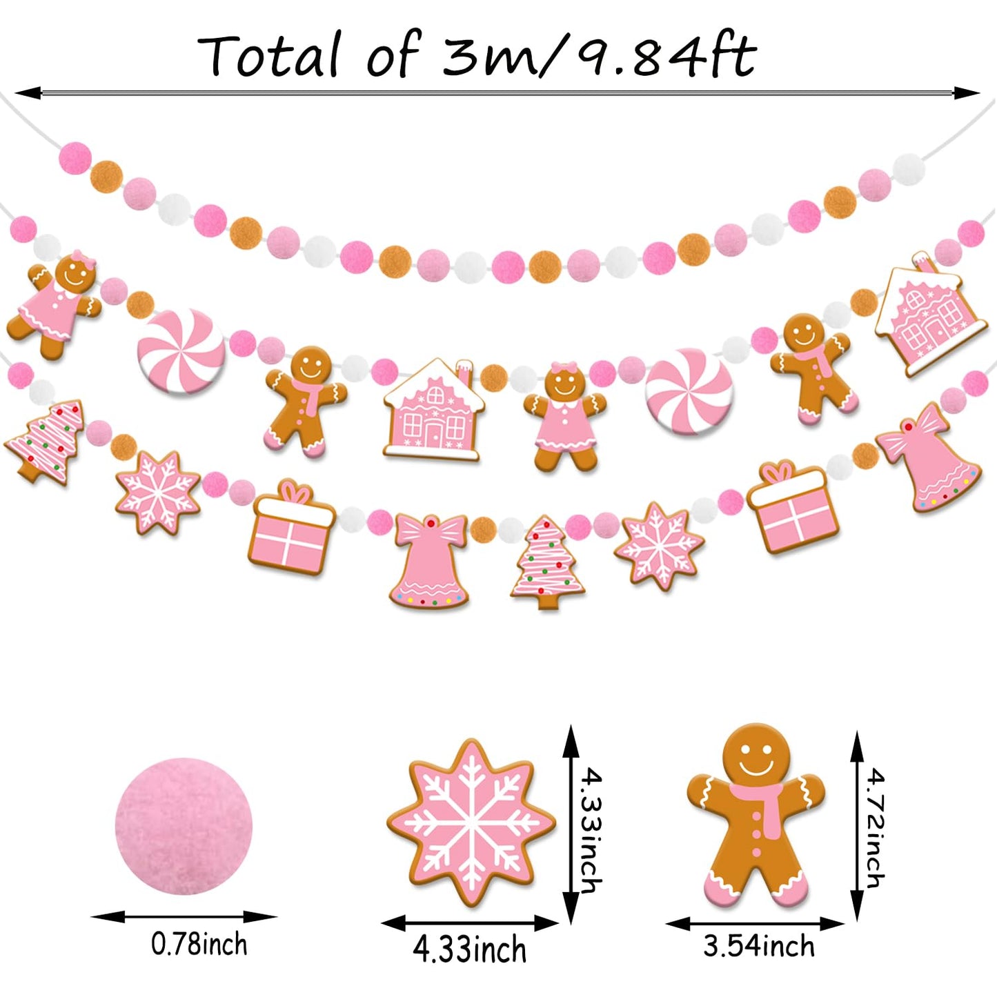 Doumeny 3Pcs Pink Christmas Felt Ball Banner Xmas Gingerbread Man Candy House Garland Bunting Xmas Tree Snowflake Bunting Garland Christmas Pom Pom Banner for Winter Party Holiday Mantel Home Decor