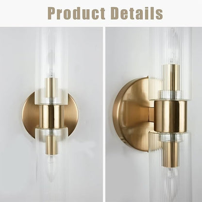 Modern Asymmetrical Glass Double Tube Wall Sconce, 2-Light Textured Shades, Wall Mounted Light for Living Room, Hallway, Bedroom, Porch, Bathroom (Brass)