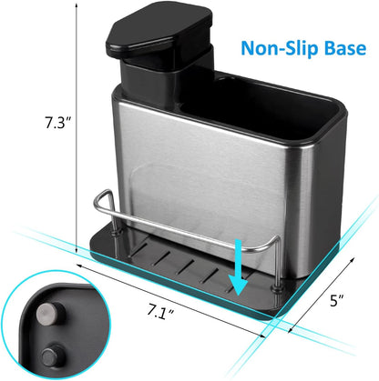 RedCall Soap Dispenser for Kitchen Sink, 3-in-1 Sponge Holder for Kitchen Sink Caddy, Stainless Steel Kitchen Sink Organizer Tray Drainer Rack, Rustproof Dish Soap Dispenser Brush Holder Countertop