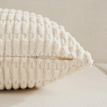 Fancy Homi Cream Lumbar Decorative Throw Pillow Covers 14x24 Inch for Living Room Couch Bed Sofa, Rustic Farmhouse Boho Home Decor, Soft Striped Corduroy Rectangle Cushion Case 35x60 cm