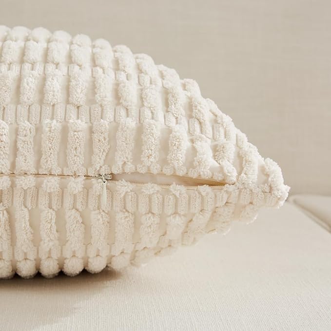 Fancy Homi Boho Decorative Throw Pillow Covers 18x18 Inch for Living Room Couch Bed Sofa, Rustic Modern Farmhouse Home Decor, Soft Corduroy Cream Square Cushion Case 45x45 cm
