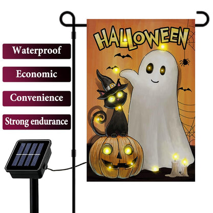 Black Cat Garden Flag, Ghost Solar LED Lights - Spooky Double-Sided 12x18 Flag for Patio Lawn, 16 LED - 8 Lighting Modes for Home Decoration