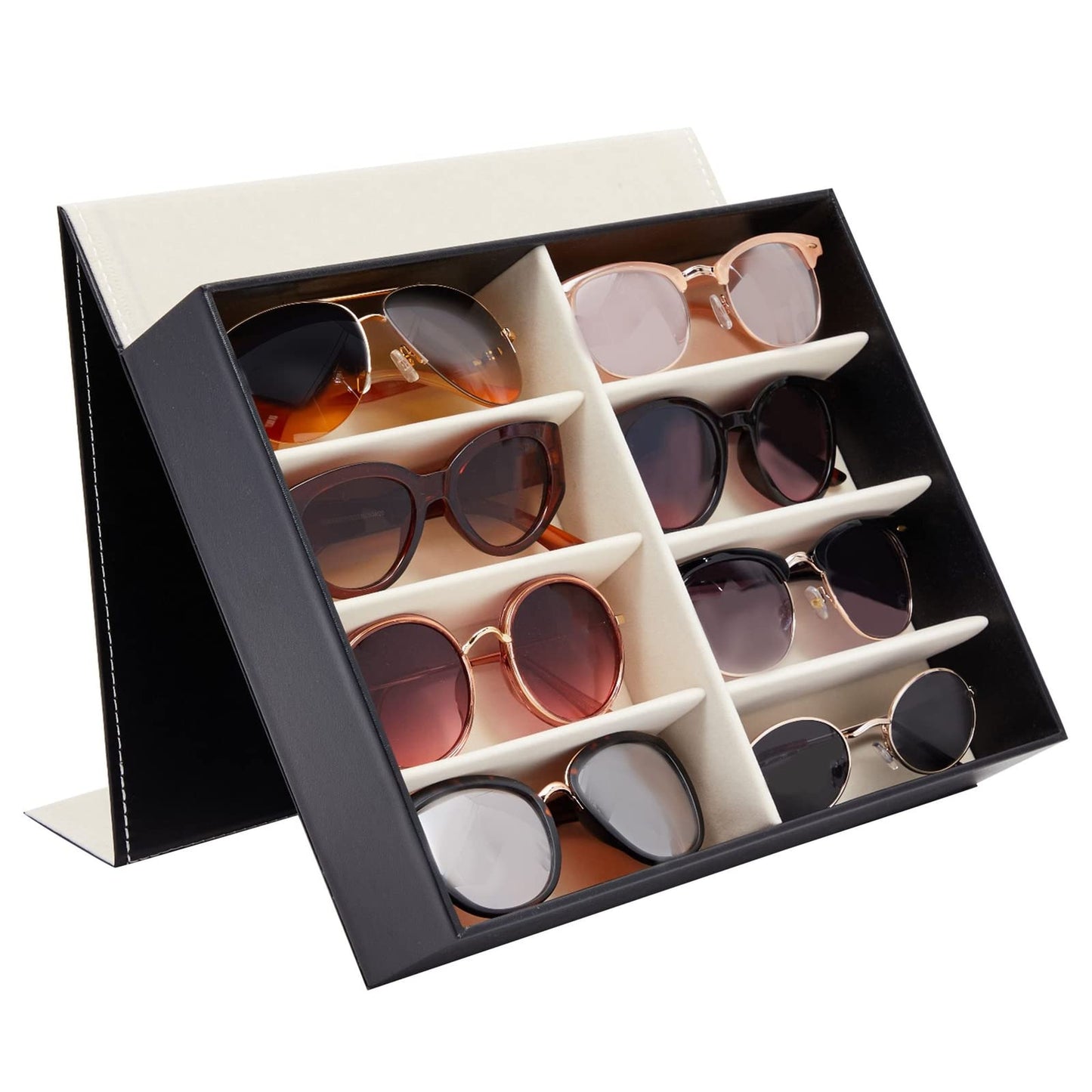 Juvale Glasses Case Organizer - 8-Slot, 12.6 x 9.8 x 2.5 in, Black Faux Leather - Sunglasses Storage & Holder for Nightstand & Desk - Flip-Top Display Case