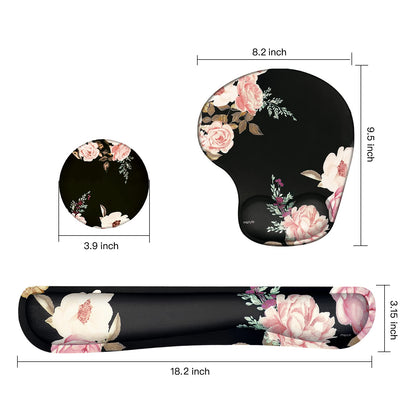 MOSISO Wrist Rest Support for Mouse Pad&Keyboard Set, Curved Peony Ergonomic Mousepad&Coaster Non-Slip Base Home/Office Pain Relief&Easy Typing Cushion with Neoprene Cloth&Raised Memory Foam, Black
